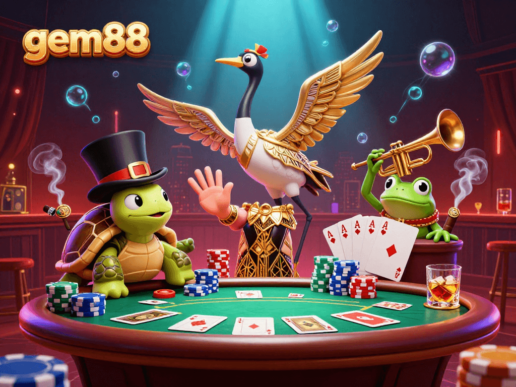 Join gem88's high-stakes excitement at a lively poker table with colorful chips and vibrant characters!