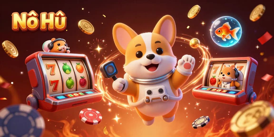 Nổ Hũ exciting slot experience with a whimsical 3D cartoon space casino scene, featuring an astronaut corgi and a hamster.