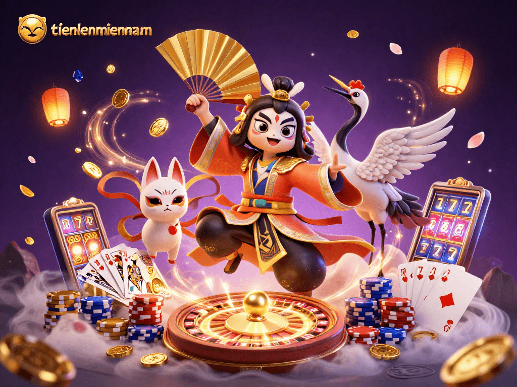 Experience strategic gameplay with tienlenmiennam amid cascading coins and lively casino elements.