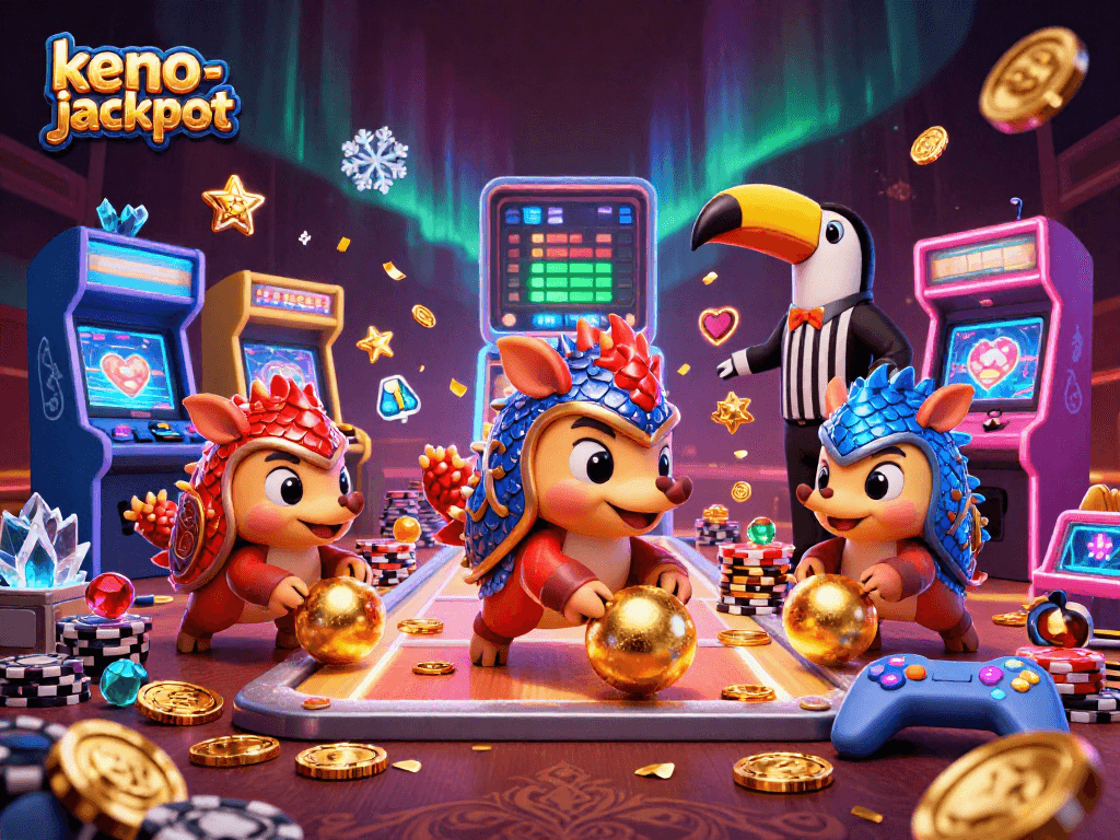 Experience the excitement of keno-jackpot with colorful pangolins and casino elements in a vibrant scene.