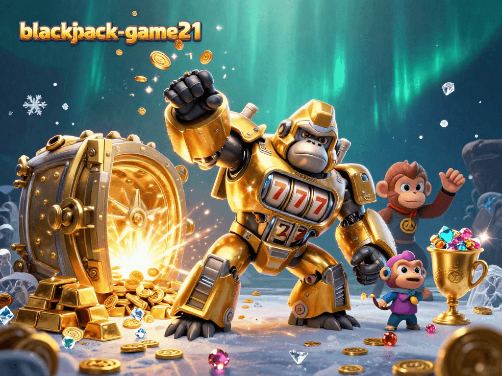 Experience thrilling gameplay with blackjack-game21, featuring a dynamic casino scene with a mech and treasures.