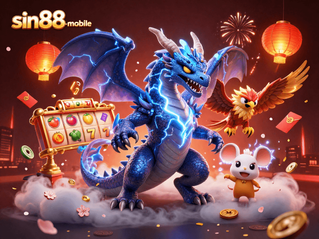 Spin the slots with sin88-mobile in this vibrant, dynamic casino illustration featuring colorful themes and characters.