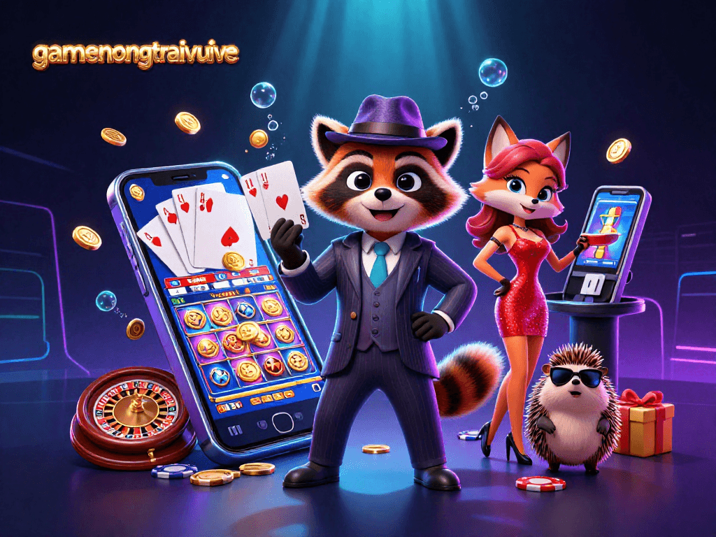Experience gaming excitement with gamenongtraivuive's raccoon and fox duo in a vibrant casino scene.