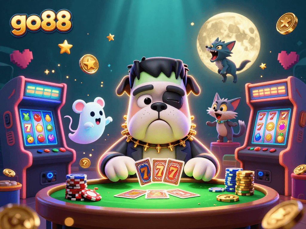 Experience go88's thrilling casino atmosphere with a cartoon monster dealing cards at a spooky table.