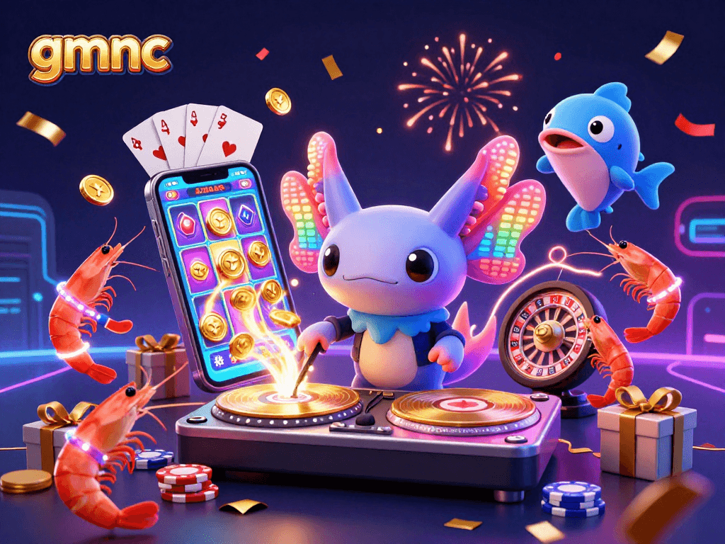 Celebrate winning at gmnc with our lively 3D casino scene featuring animated characters and gambling elements.