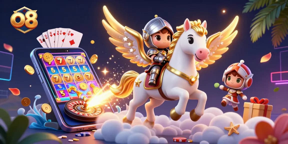 Engage in thrilling slot adventures at o8 with vibrant games and a celestial knight on a magical horse.