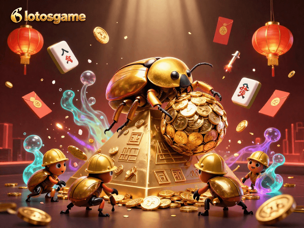 Engage with lotosgame as a golden beetle rolls coins, showcasing vibrant casino elements in action.