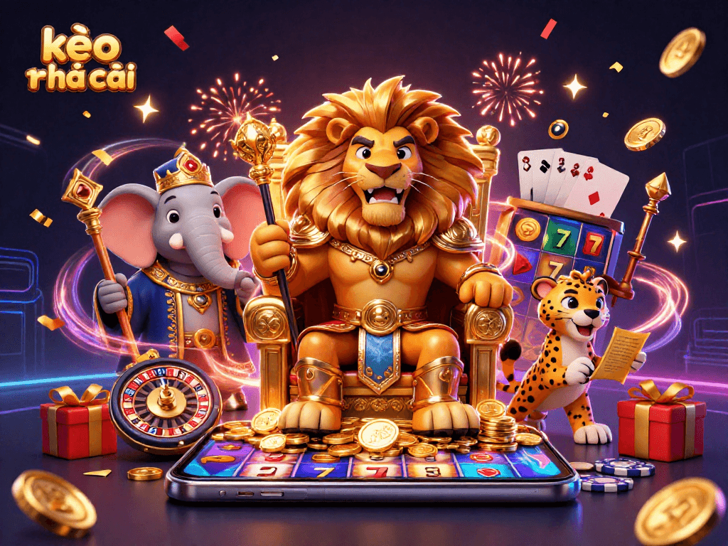 Bet on kèo nhà cái with a vibrant scene featuring a lion king, elephant, and cheetah amidst slot games.