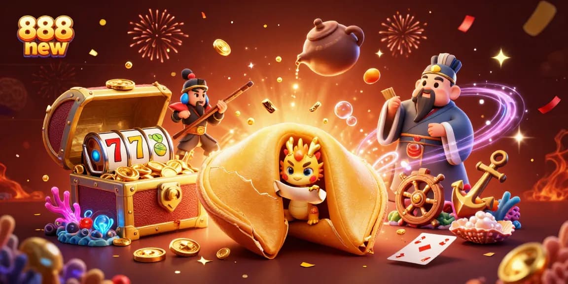Play slots like a pro with a vibrant scene showcasing a giant fortune cookie, a wise dragon, and golden treasures, 888 new.