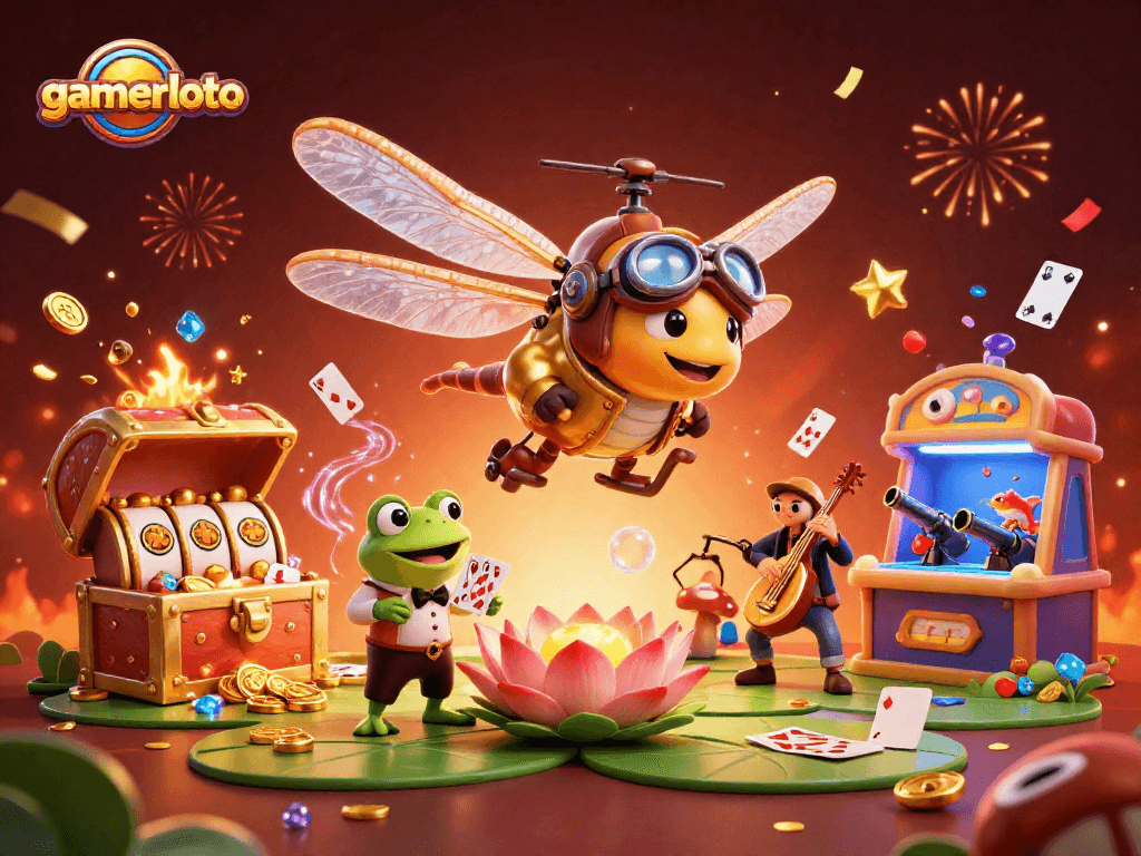 Experience the excitement of gamerloto as the dragonfly pilot and frog croupier create dynamic casino action.