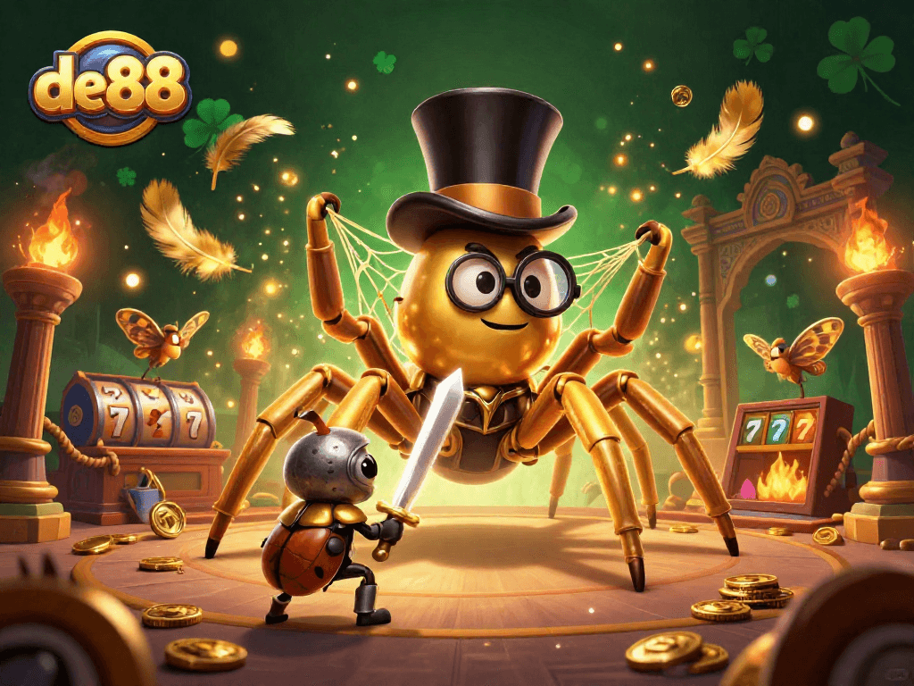 Engage in thrilling adventures at de88 with a golden tarantula weaving excitement in a bustling casino scene.