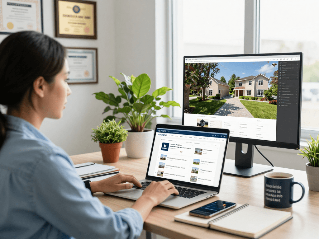 Real estate professional using IDXSTAR on laptop in a modern office with property listings.
