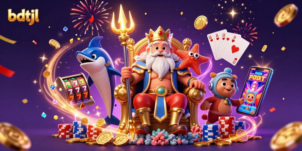 Experience the thrill with bdtjl, featuring sea king Neptune surrounded by vibrant casino elements.