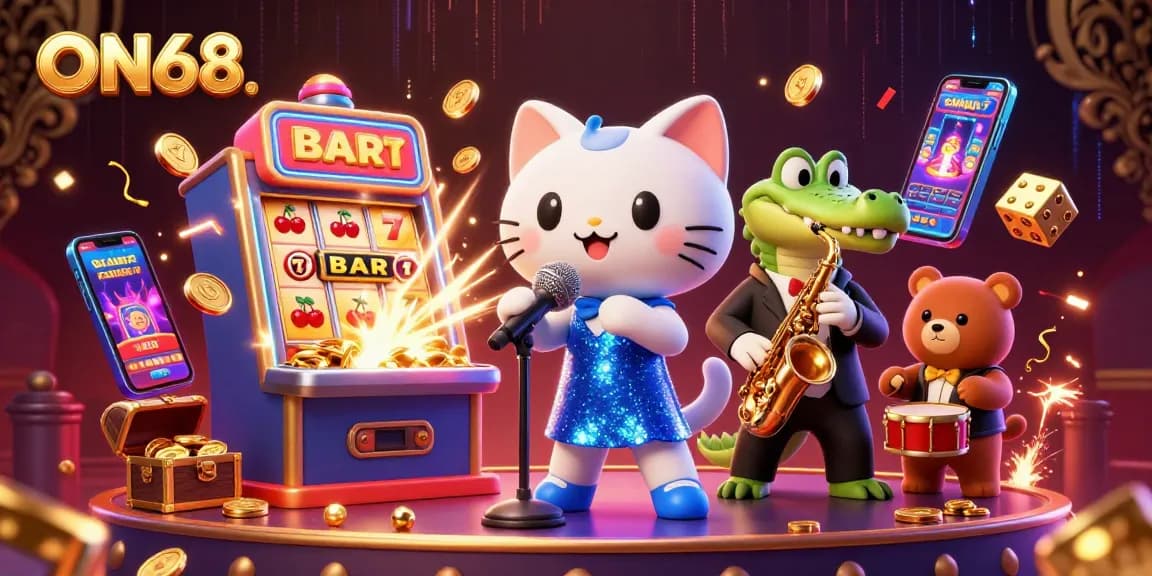ON68 enhances excitement with colorful casino games, featured characters in a lively scene.