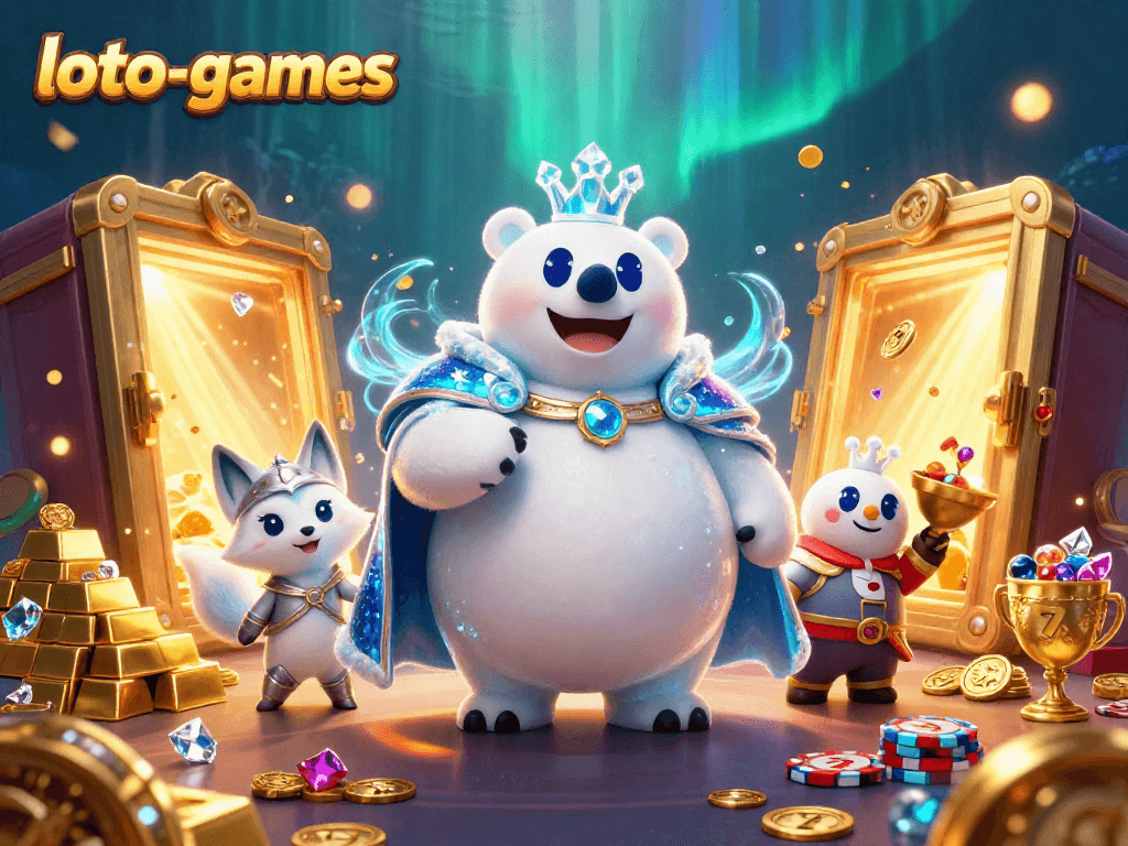 Loto-games features an exciting scene with a polar bear king and snow fox in a glittering casino world, showcasing vibrant slot reels and treasures.
