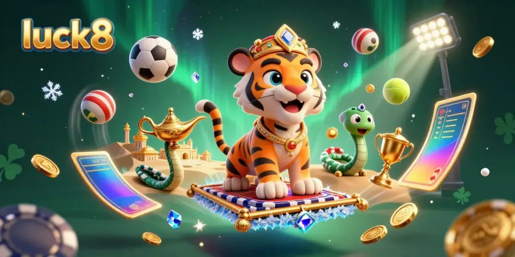 Experience the thrilling adventures at luck8 with a vibrant casino-themed digital illustration featuring a tiger sultan.