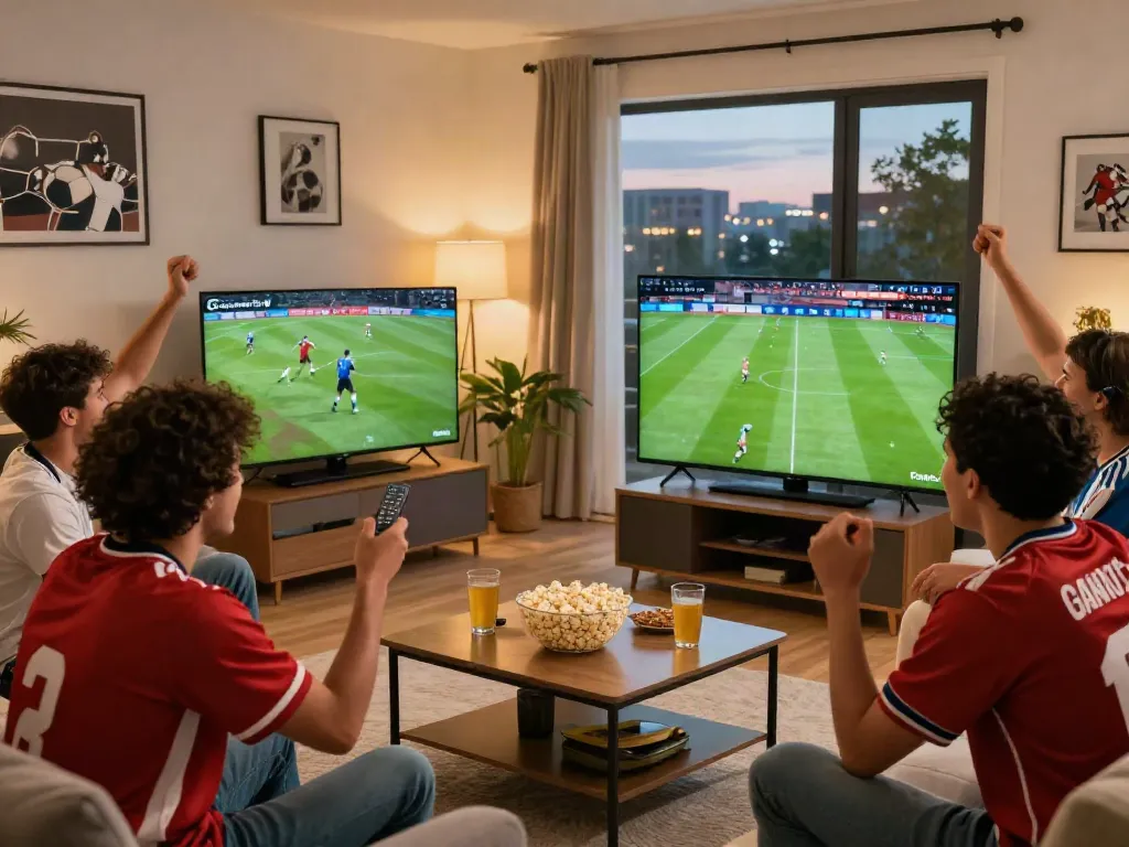 Friends enjoying a football match on Gavangtv in a cozy living room.