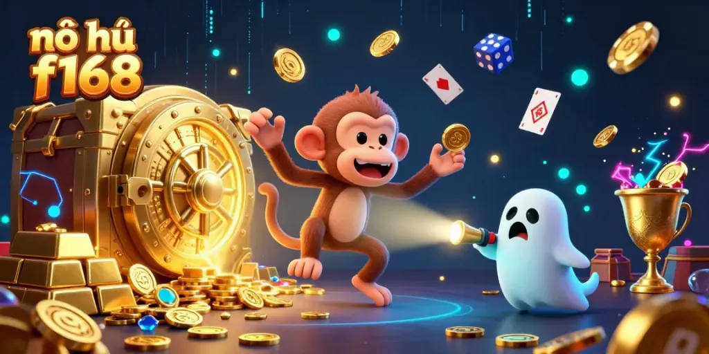 Engage in nổ hũ f168 action with a poltergeist monkey juggling golden treasures in a haunted casino.
