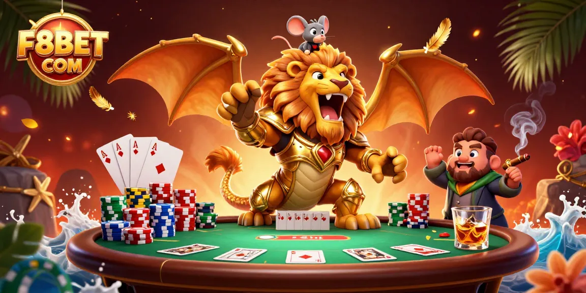 Engage in thrilling action with F8BET COM as the chimera roars triumphantly at a vibrant poker table.