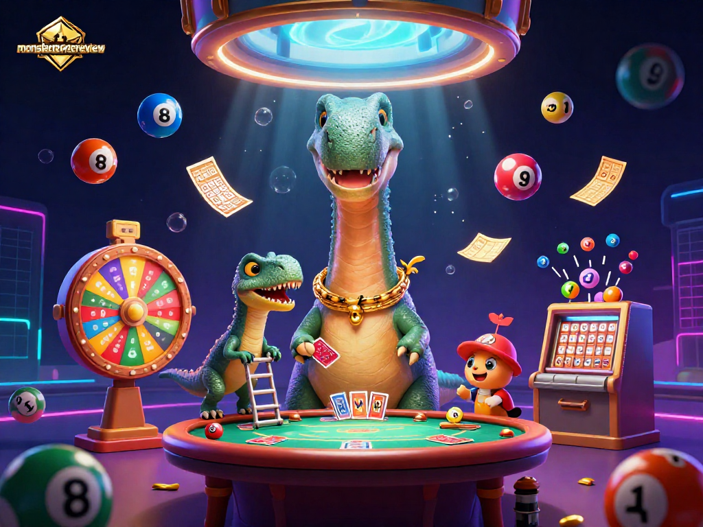 Engage with monstertowerreview as a giant brontosaurus looms above a vibrant casino scene, interacting with dynamic elements.