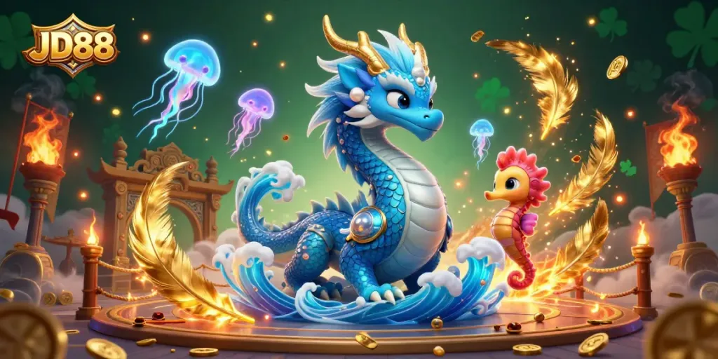 Engage in thrilling JD88 casino challenges with an azure water dragon and coral knight in this vibrant illustration.