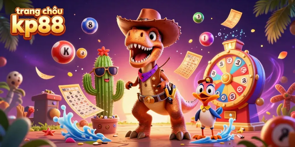 Engaging scene on trang chủ kp88 showcasing a lively 3D cartoon dinosaur and friends amidst colorful lottery elements.