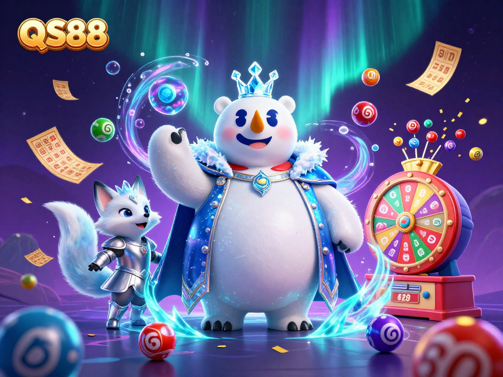 Engage with QS88 lottery excitement featuring dynamic colorful balls and a snow fox in armor.