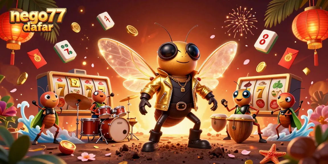 Enjoy gambling excitement with nego77 daftar, featuring a vibrant casino scene with rock star characters and golden slot symbols.
