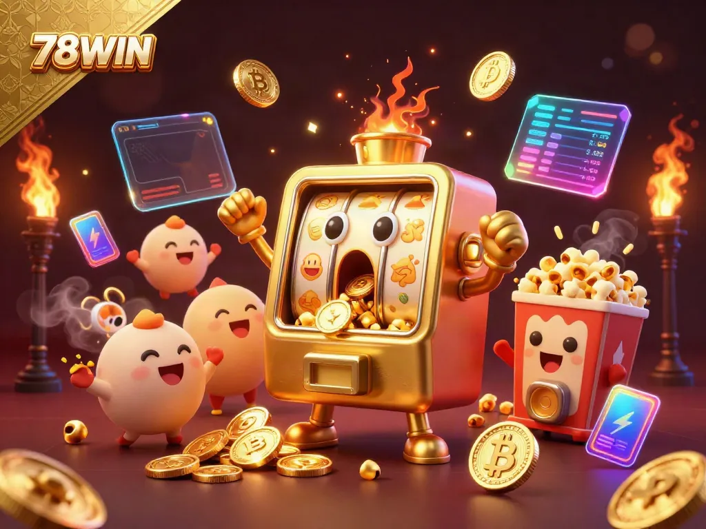 Experience the excitement of winning with 78WIN's animated golden slot machine celebrating its jackpot.
