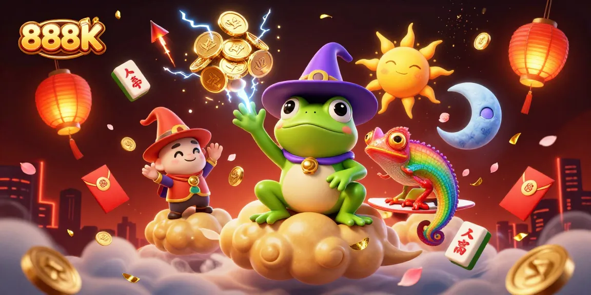 Experience the thrill of 888K with a cartoon wizard frog and chameleon amidst a storm of golden coins.