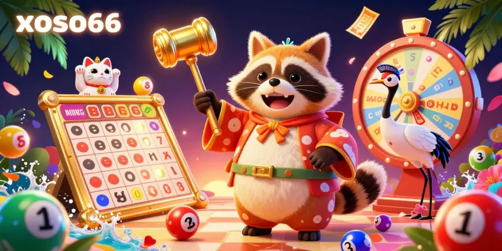 Join the lively fun with xoso66, featuring a cheerful tanuki and vibrant lottery elements in this festive scene.