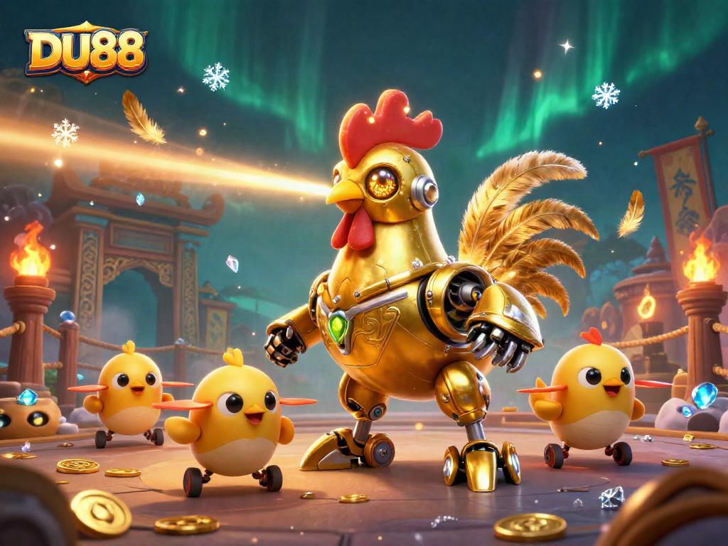 Experience thrilling DU88 gaming with an exciting scene of a golden rooster robot and baby chick drones.