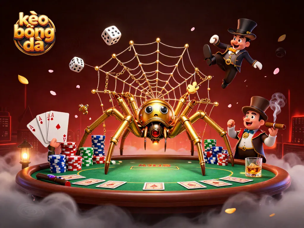 Engage in kèo bóng đá with a vibrant scene featuring a golden spider and amusing fly gentleman surrounded by poker elements.