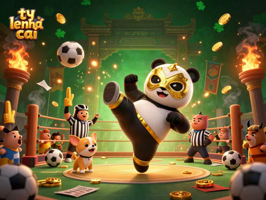 A thrilling scene depicting 'ty le nha cai' with a wrestling panda, a counting referee chihuahua, and excited animal spectators amidst a vibrant sports betting atmosphere.
