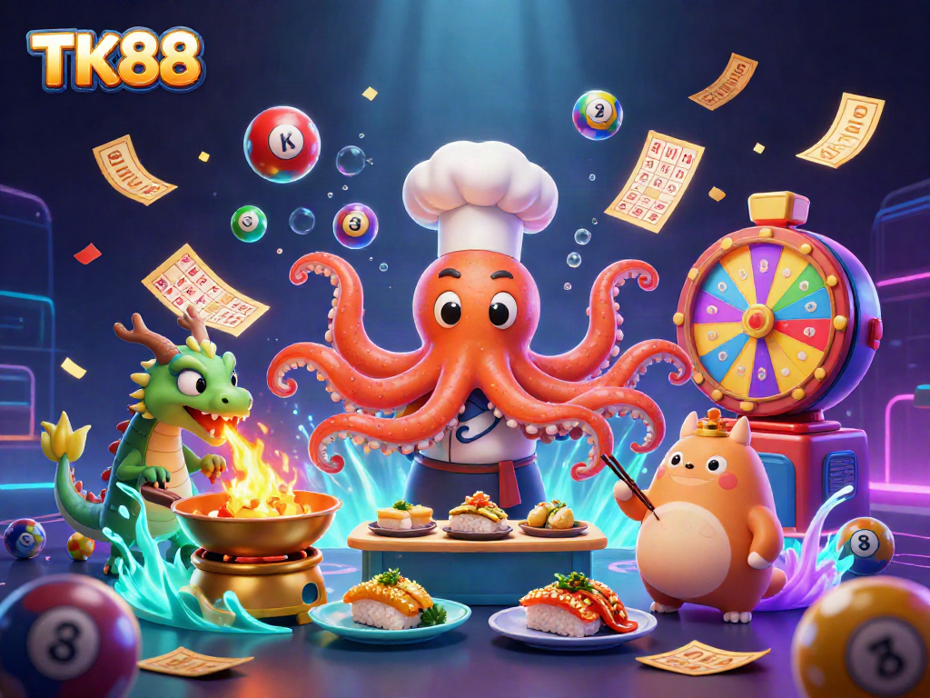TK88 showcases an animated casino scene with winning elements and vibrant characters in action.