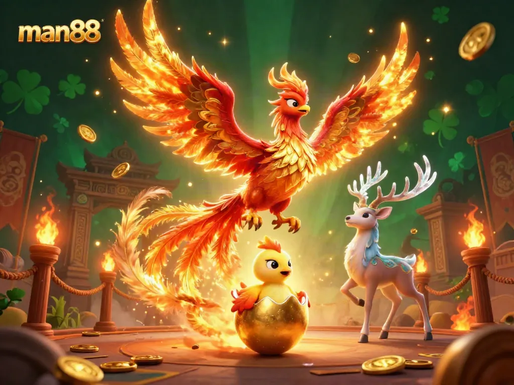 Experience engaging gameplay at man88, featuring a phoenix and mystical stag within a vibrant casino scene.