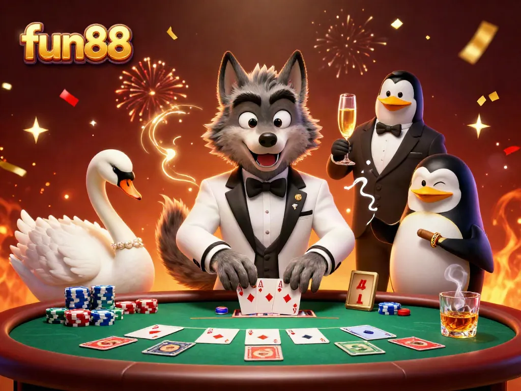 Engage in fun88 gaming excitement with a stylish wolf, swan, and penguin at a vibrant casino.