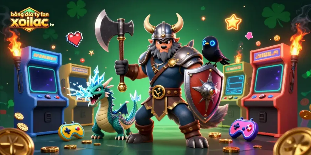 Bóng đá trực tuyến xoilac tv features a Viking warrior and dragon in an engaging gaming scene.