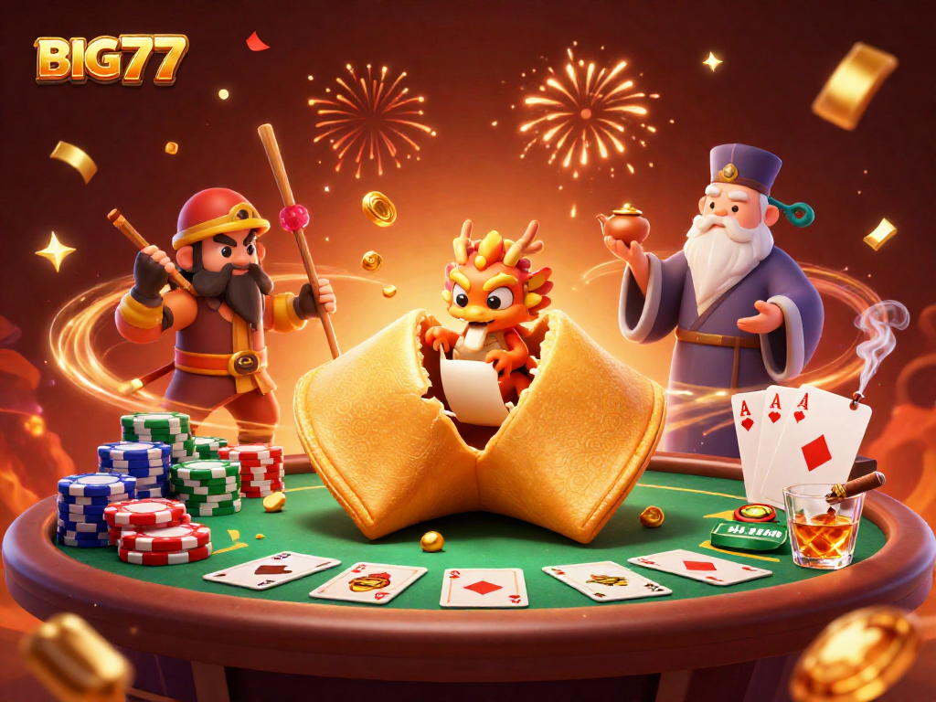 Engage with BIG777's vibrant casino scene, showcasing dynamic characters and poker elements