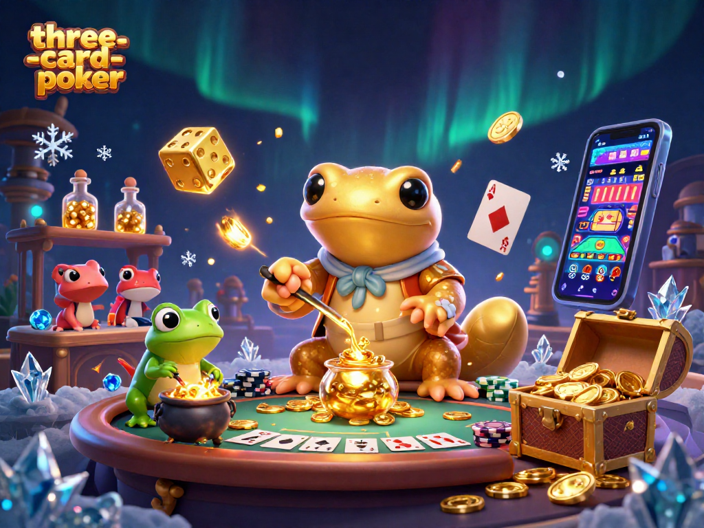 Engage in three-card-poker with an alchemist and assistants in an enchanting casino scene.