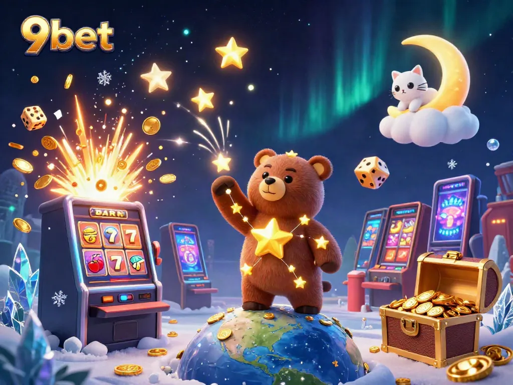 Experience thrilling action with 9bet as golden stars spill coins in a vibrant casino scene.
