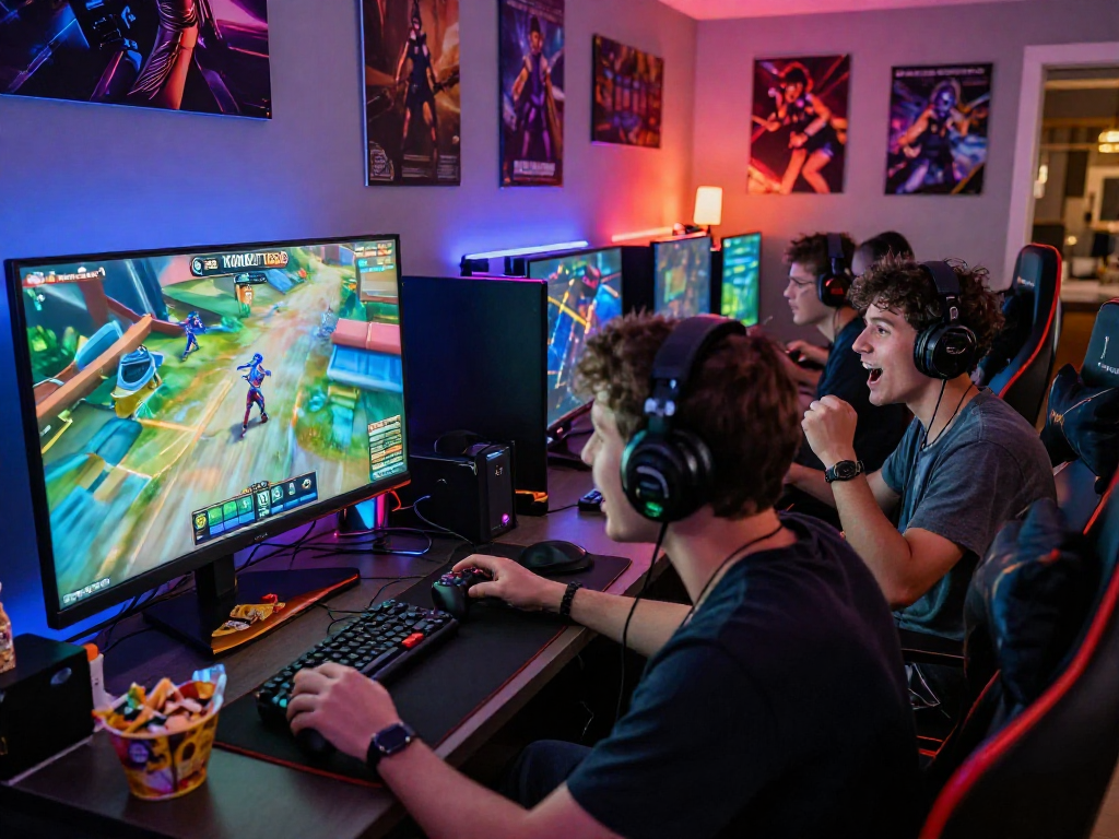 KOMBET168 gaming lounge scene with friends enjoying a multiplayer gaming session