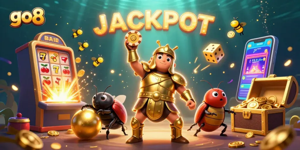 Go8 victory pose illustrated with cartoon beetles amidst casino elements, symbols of winning and excitement.