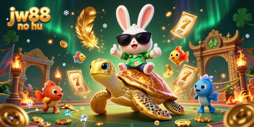 Play and win with jw88 no hu in this vibrant 3D illustration featuring exciting casino elements and playful characters.