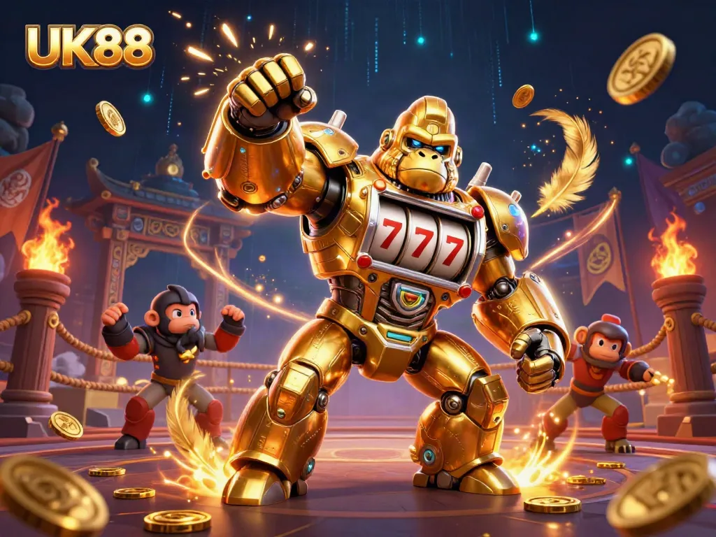 Experience thrilling gaming excitement at UK88 with a dynamic scene featuring a golden gorilla mech and vibrant casino elements.