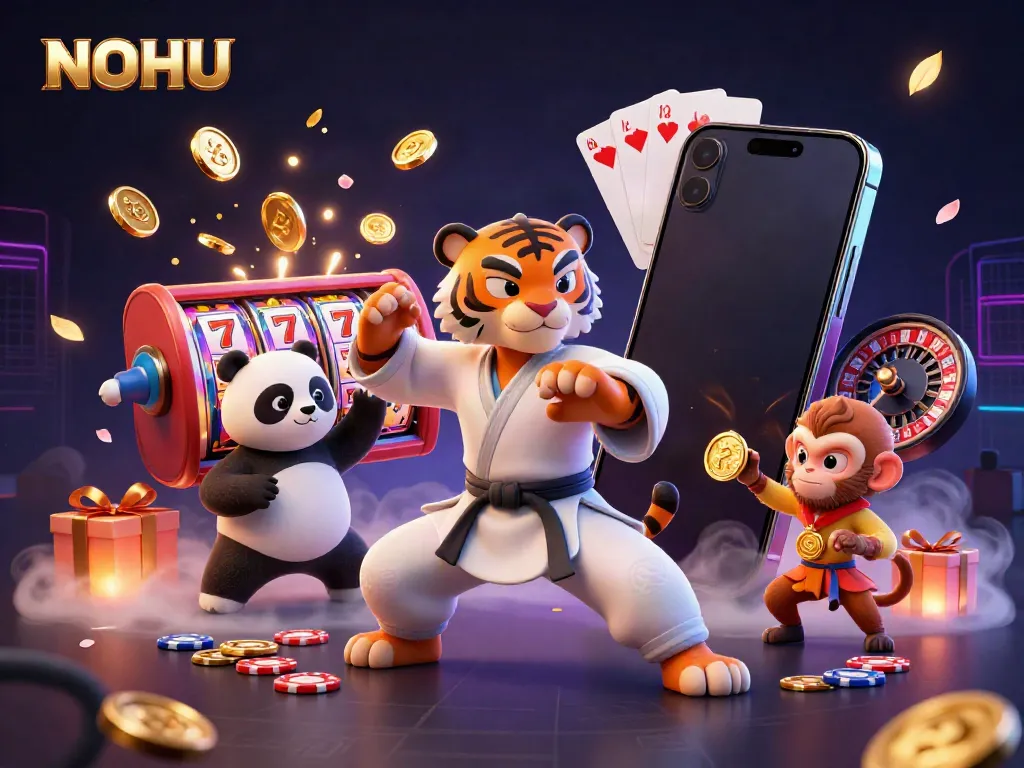 Engage with NOHU's thrilling slot adventures featuring dynamic 3D characters in a colorful casino setting.