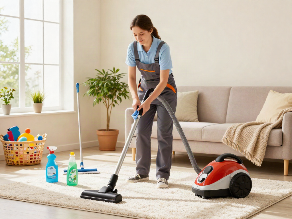 Cleaner using eco-friendly supplies in a bright living room showcasing depo 10k cleaning techniques.