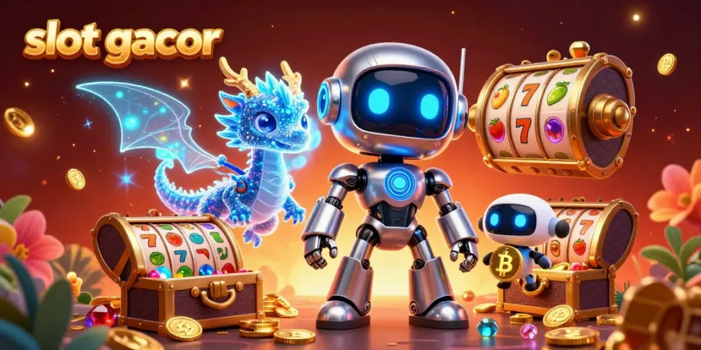 Experience the excitement of slot gacor with a vibrant 3D casino scene featuring cartoon characters and game elements.