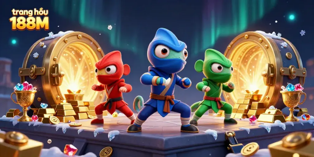 Play and win at trang chủ 188M, featuring vibrant 3D chameleon characters amidst overflowing treasures.