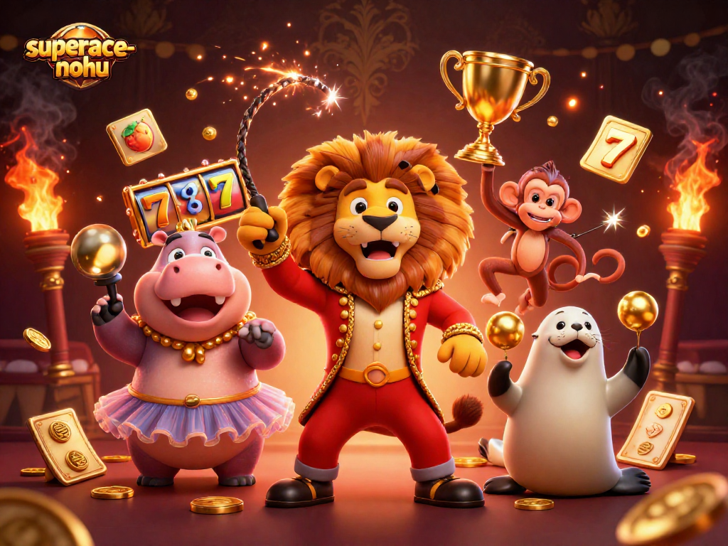 Experience Superace-nohu with vibrant circus characters and slot game elements for an exciting gaming atmosphere.